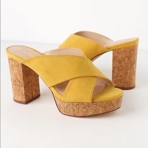 Mustard yellow suede cork platform heels